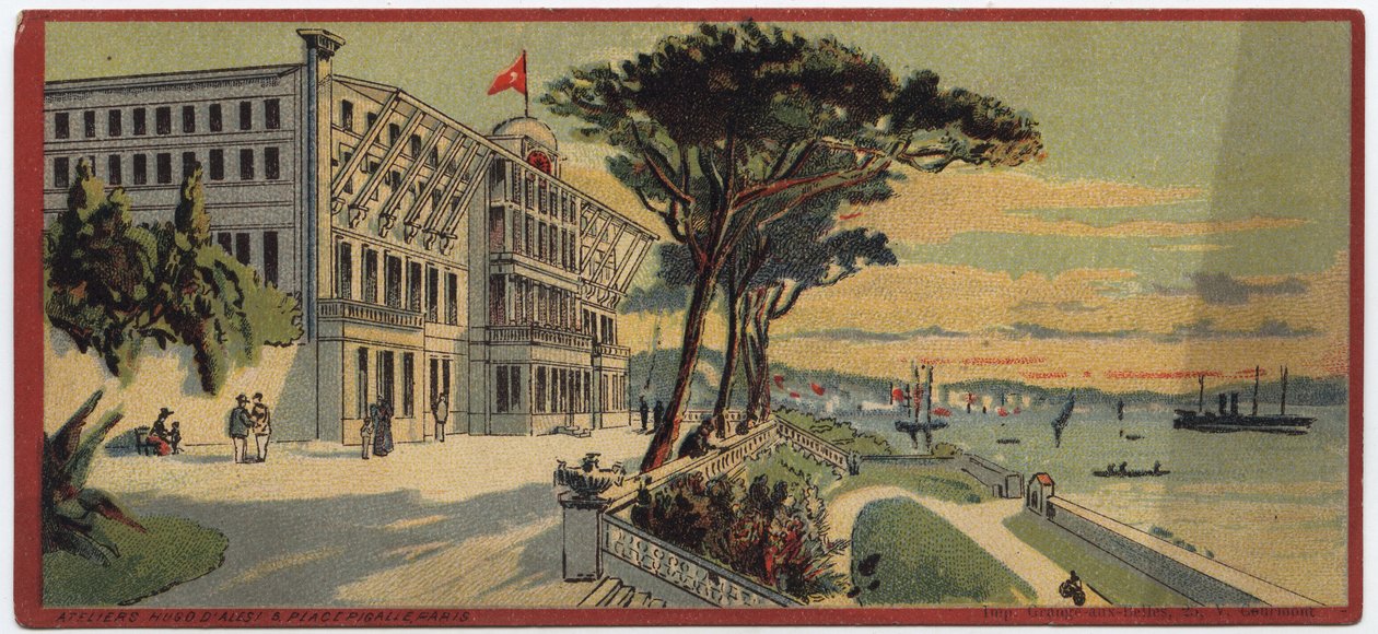 Grand hotelek: a törökországi konstantinápolyi Therapia nyári palota külső képe - A „Compagnie Internationale des Grands Hotels” szállodáit bemutató sorozat térképe, 19. század vége – 20. század eleje alkotó: William M. Timlin