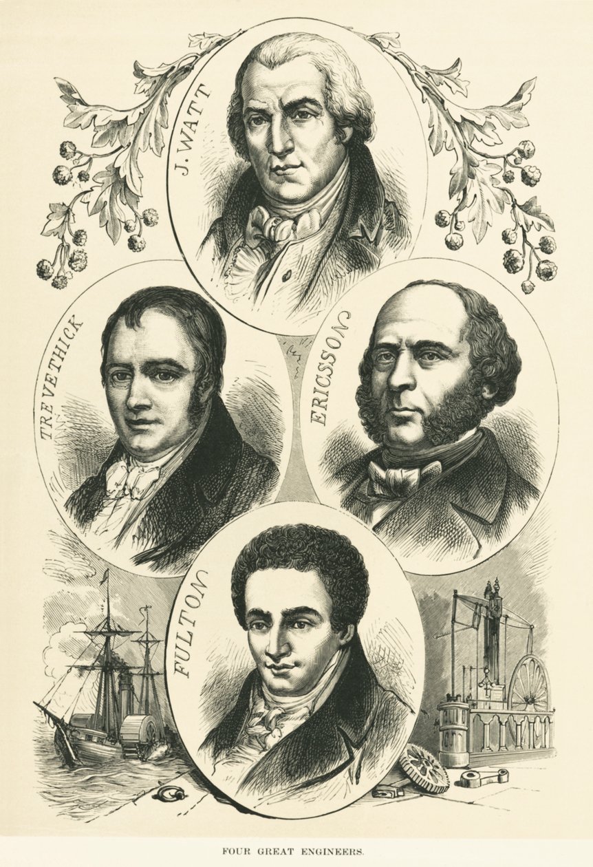 Nagy mérnökök és feltalálók: James Watt, John Ericsson, Robert Fulton, Richard Trevithick, 1880 körül (f/w fotó) alkotó: Unbekannt