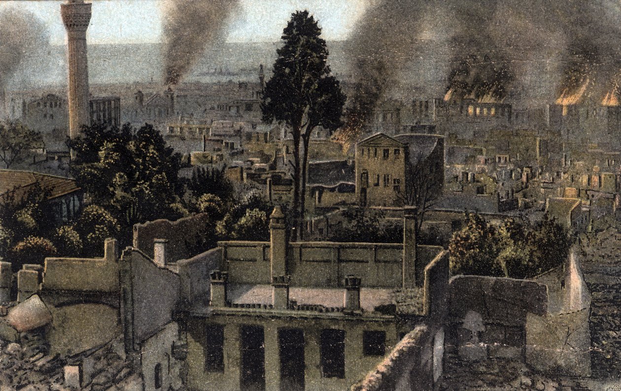 Görögország, Szaloniki (vagy Thesszaloniki): kilátás a felsővárosra, részben leégett, valószínűleg az 1917-es tűzvész idején - Képeslap 1914-1918 alkotó: Unbekannter Künstler