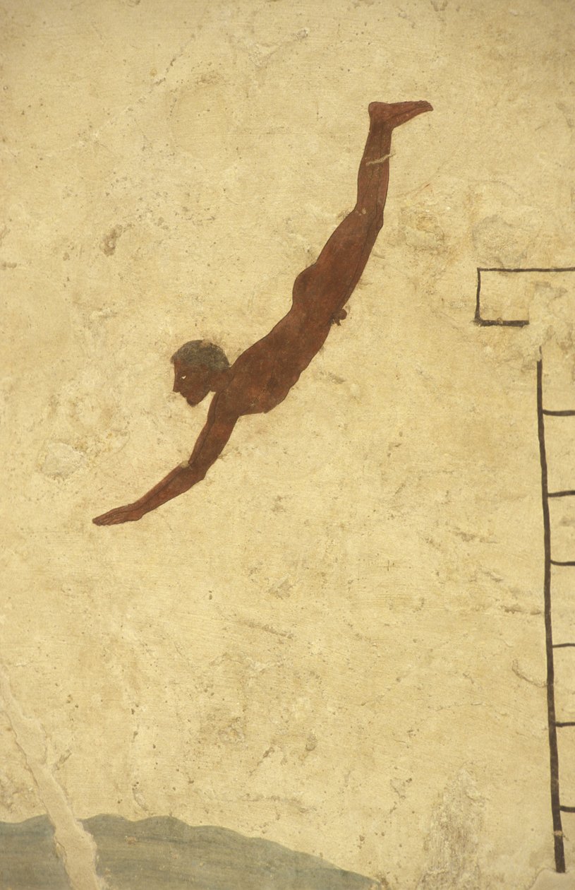 Görög művészet: A búvár sírjának freskója, Paestum, Campania régió, Olaszország. Tomba del Tuffatore, falfestmény, Paestum régészeti park, Campania, Olaszország alkotó: William M. Timlin