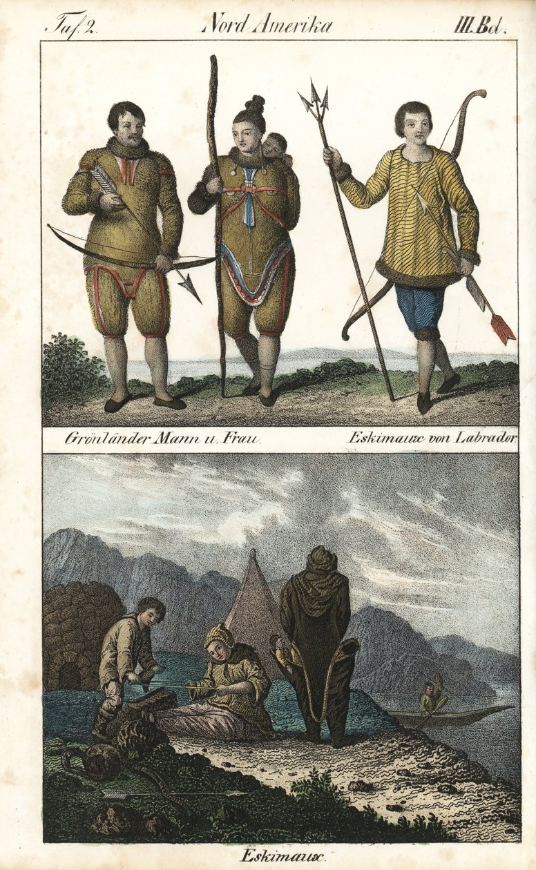 Grönlandi lakosok, akik bőröket viselnek, és egy labradori (Kanada) inuit háromágú szigonnyal. Az alábbi képen az inuit család mindennapi életének egy jelenete látható egy iglu, egy sátor és egy kenu előtt, Észak-Amerika. Litográfia a könyvhöz: "Galerie co alkotó: Unbekannter Künstler
