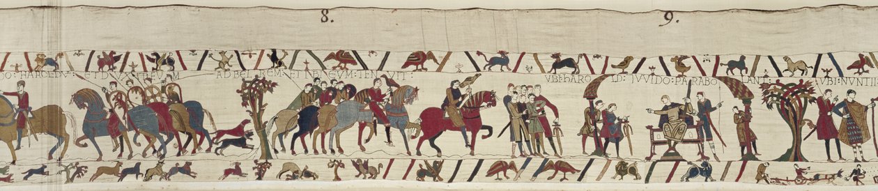 Ponthieu fickója foglyul ejti Haroldot Beaurain kastélyába, Bayeux Gobelin (gyapjú hímzés vászonra) alkotó: Unbekannt