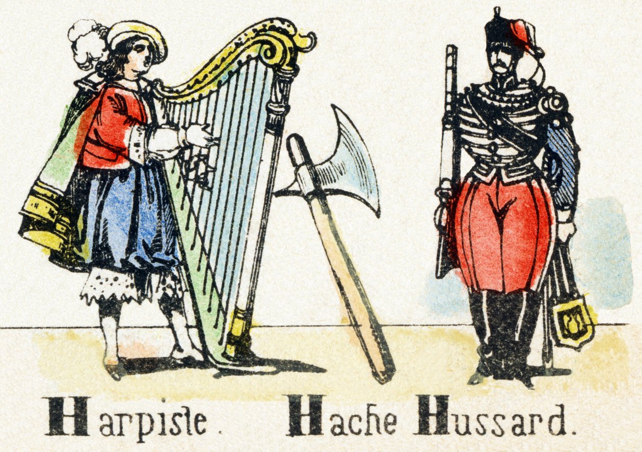 H – Harfas Axe Hussar – Ábécé – gyerekszórakoztatás – Kép epinal, népszerű sorozat 1890 körül (illusztráció) alkotó: Unbekannt