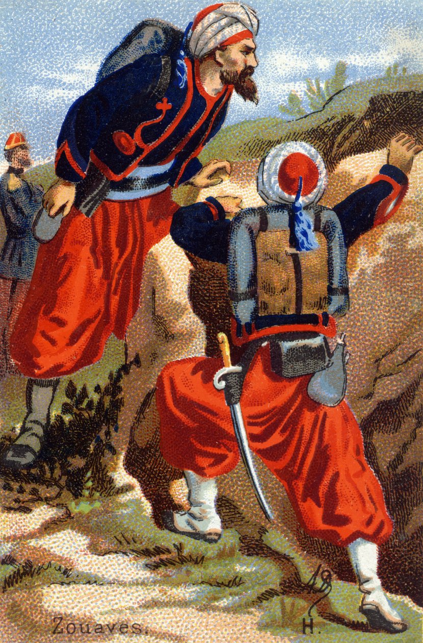 H: Zouaves. Metszet "Katonai ábécé"-ben. Az illusztrátor kezdőbetűi: A. D. Ismeretlen kiadó. Kromolitográfia a 19. század végén. Mérete: 10,5x7 cm. alkotó: Unbekannt