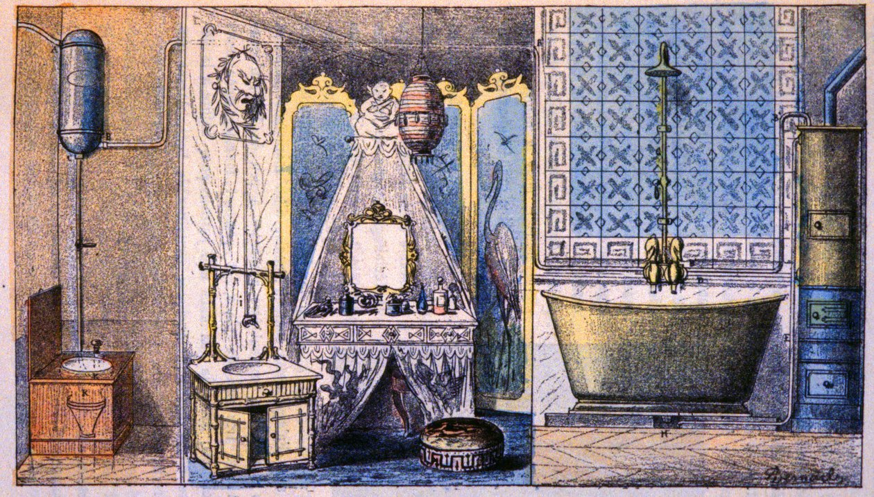 Élőhelykezelés : WC, fürdőszoba és kád, 1870 körül (metszet) alkotó: Unbekannter Künstler