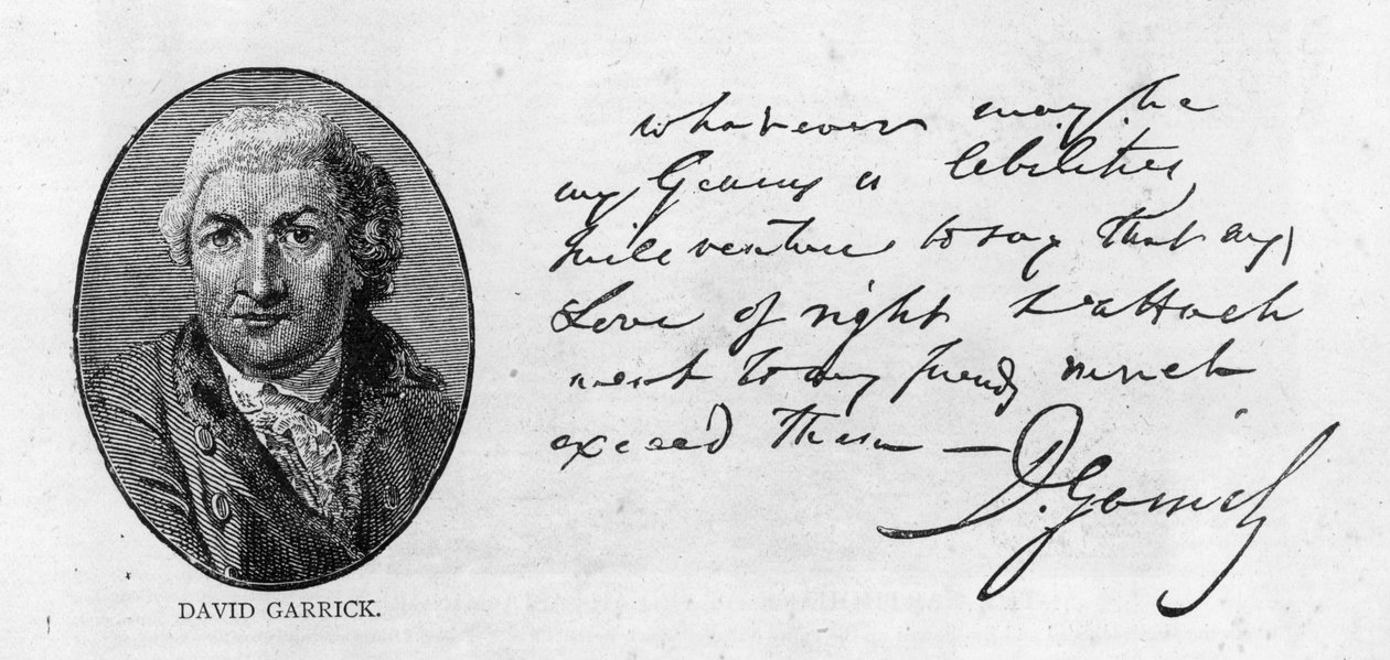 David Garrick kézírása és aláírása (toll és tinta papíron) alkotó: Unbekannt