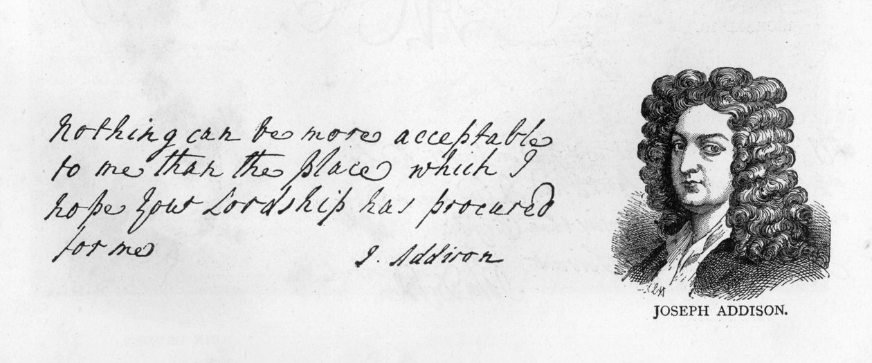 Joseph Addison kézírása és aláírása (toll és tinta papíron) alkotó: Unbekannt