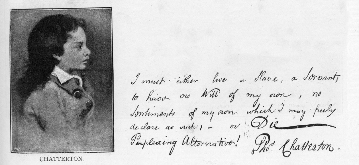 Thomas Chatterton kézírása és aláírása egy William Barrettnek írt levélből Barrett Chatterton öngyilkossági szándéka elleni tiltakozására válaszul alkotó: Unbekannt