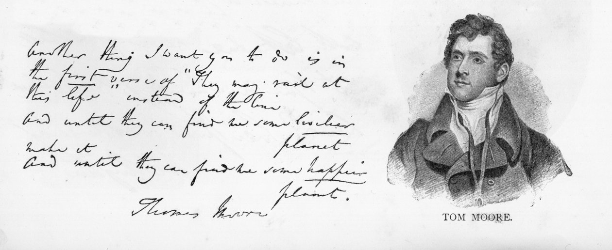 Tom Moore kézírása és aláírása (toll és tinta papíron) alkotó: Unbekannt