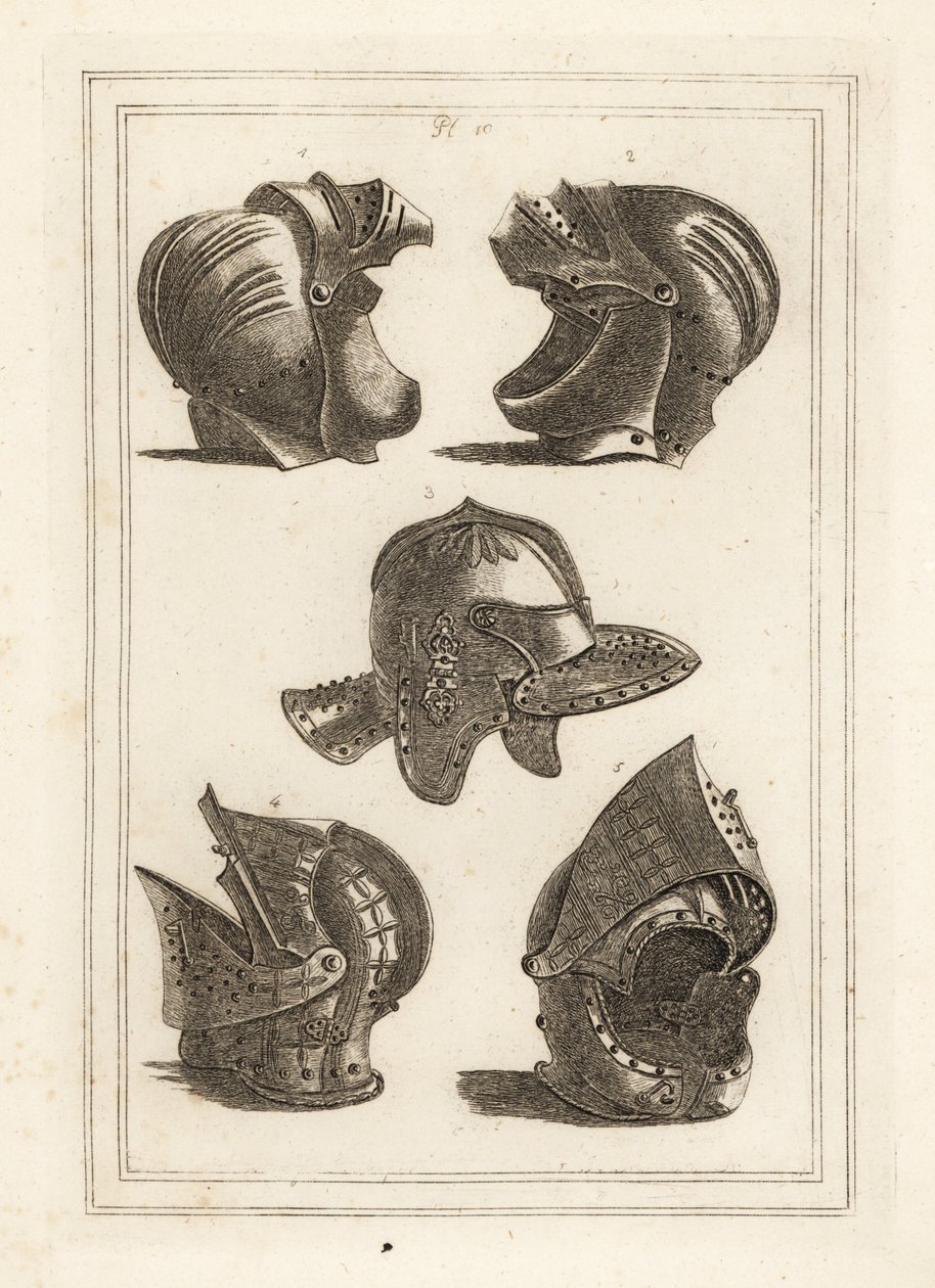 John de Courcy sisakja, Ulster grófja 1,2, Oliver Cromwell fejvédője 3, dönthető sisak 4,5 alkotó: Unbekannt