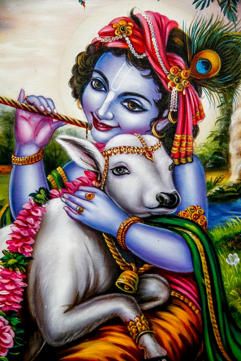 Hindu Isten Krisna azzal a borjúval. Watford, Egyesült Királyság (Fénykép) alkotó: Unbekannt