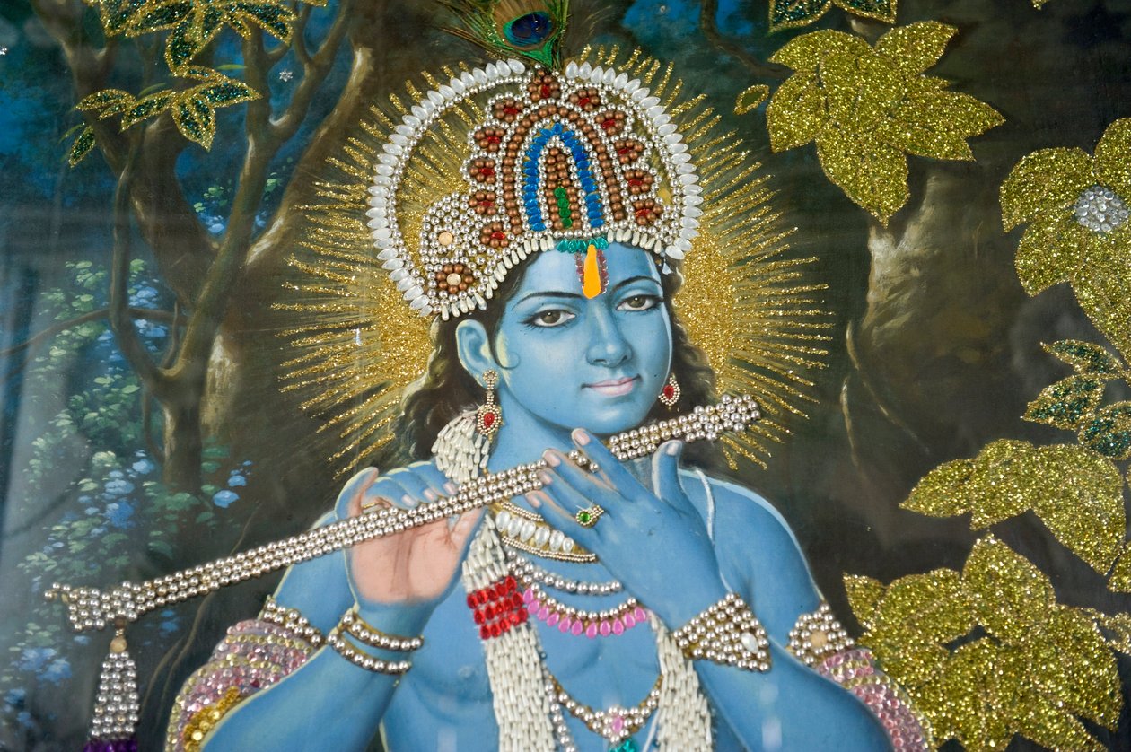 Hinduizmus; Lord Krishna festménye fuvolával; Durgiana Mandir Visnu templom; Amritsar; Pandzsáb; India; Dél-Ázsia; Ázsia alkotó: Unbekannt