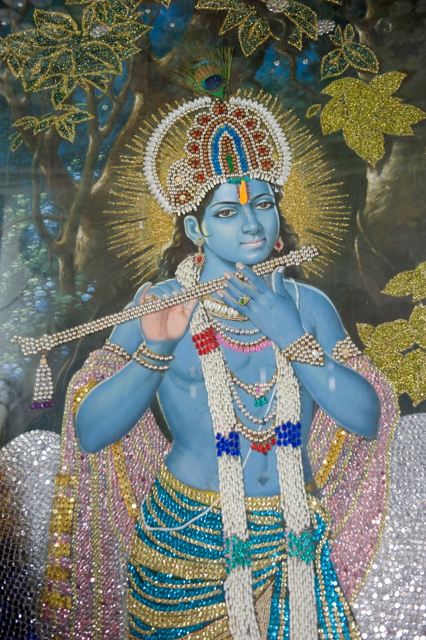 Hinduizmus; Lord Krishna festménye fuvolával; Durgiana Mandir Visnu templom; Amritsar; Pandzsáb; India; Dél-Ázsia; Ázsia alkotó: Unbekannt
