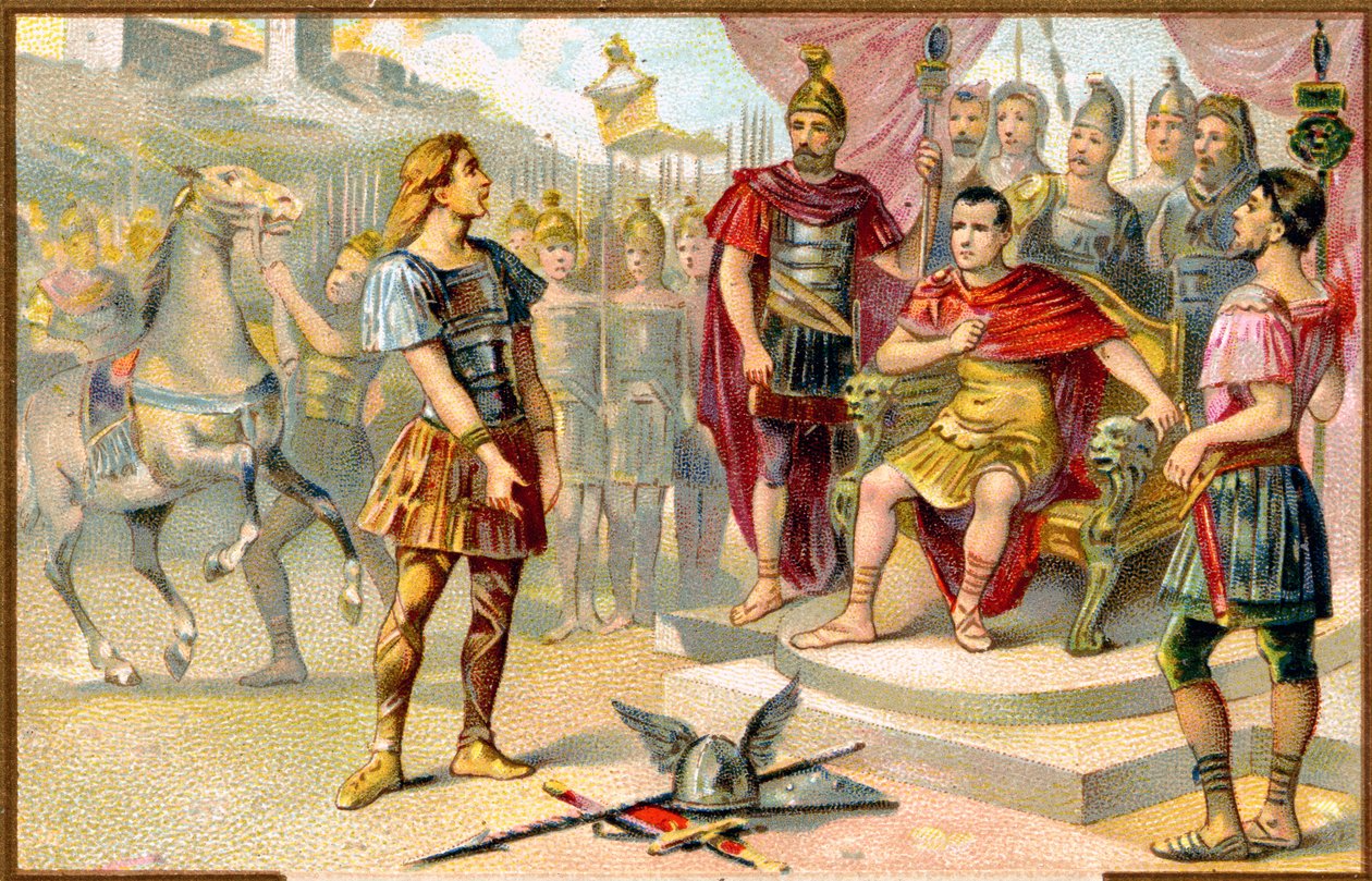 Történelem. Az ókori Róma. Vercingetorix (egy gall törzs: az Averni törzsfőnöke) megadja magát Julius Caesarnak Alesiában, ie 52-ben. Imagery, Franciaország, c. alkotó: Unbekannter Künstler