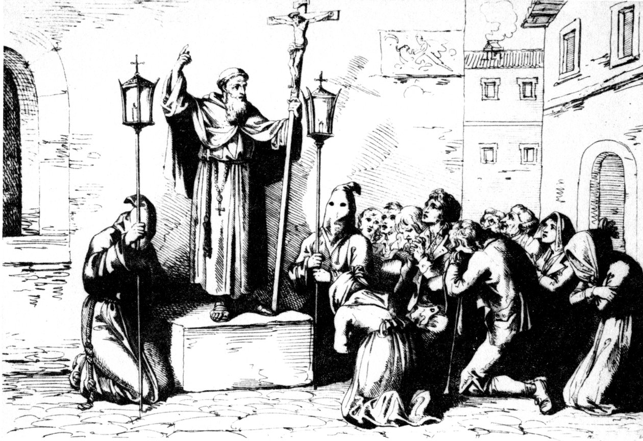 Az ókori Róma története. Egy szerzetes prédikál az embereknek egy római téren. Bartolomeo Pinelli metszet XIX alkotó: Unbekannt