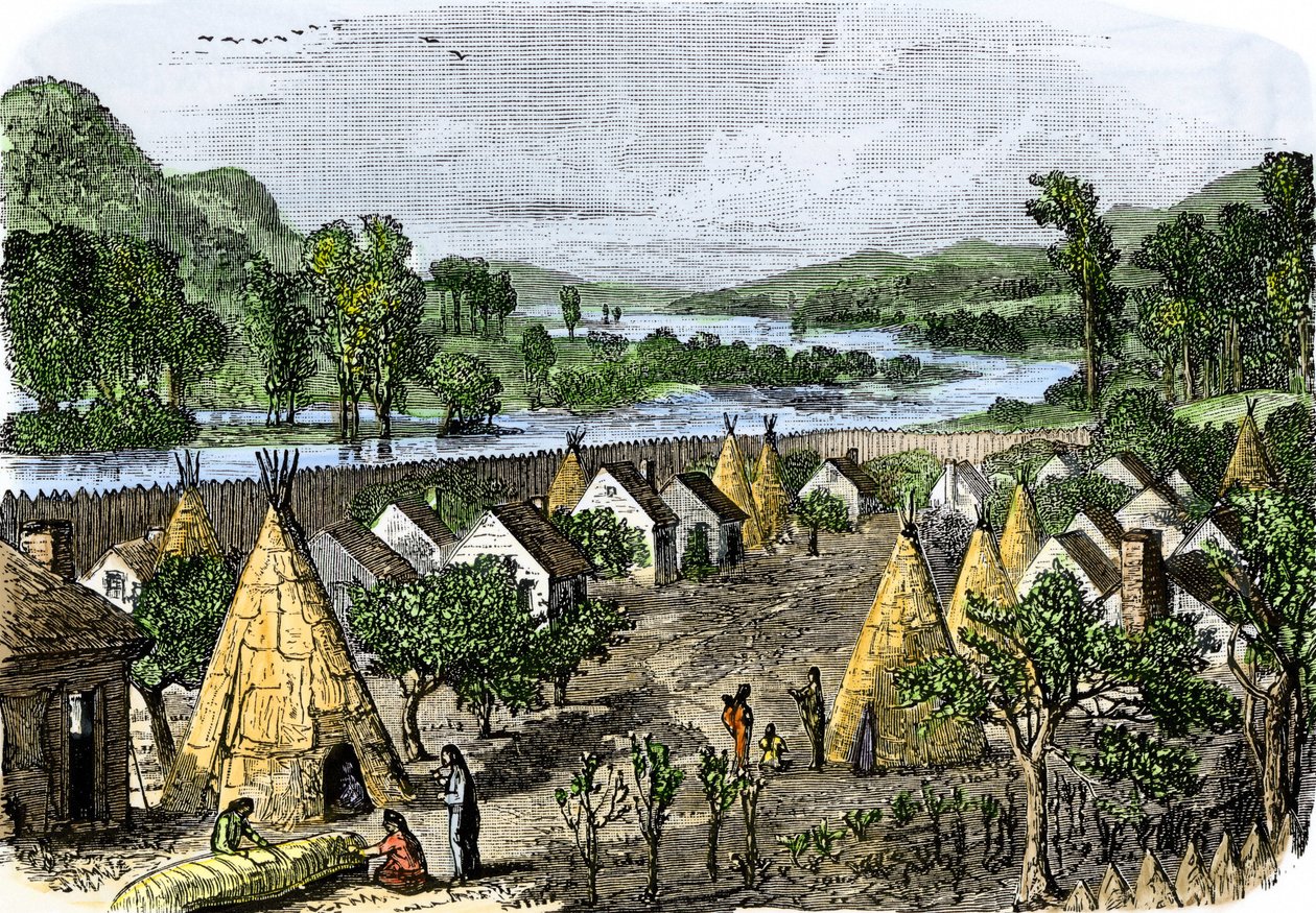 Az őslakos népek története: Mohawk Village, New York, 1780 körül. Színes metszet a 19. századból. alkotó: Unbekannter Künstler