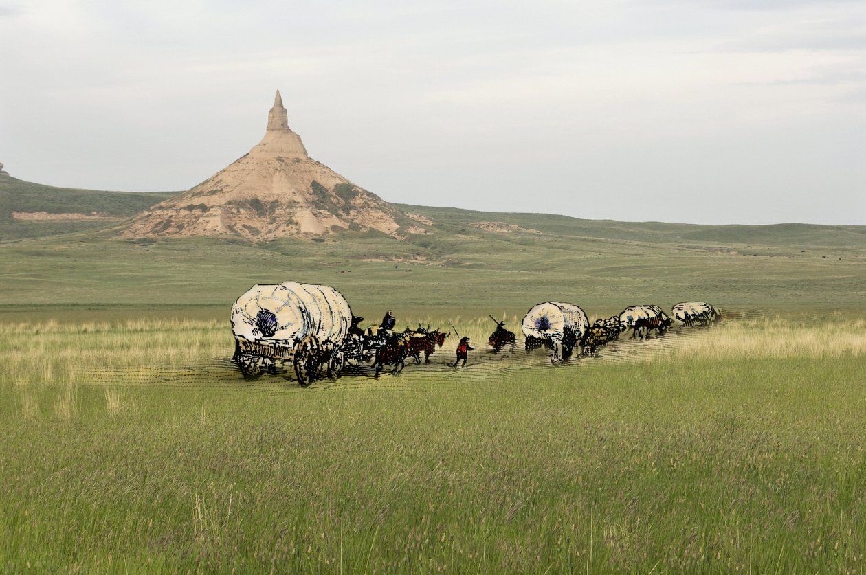 A West Conquete telepesek története: Amerikai úttörők. Több család utazása az Egyesült Államok síkságain szorgalmasan átkelve. Diligenciák átkelése a Chimney Rockon az Oregon Trail-en, Nebraska államban. Színes metszet fotóval kombinálva. alkotó: Unbekannter Künstler