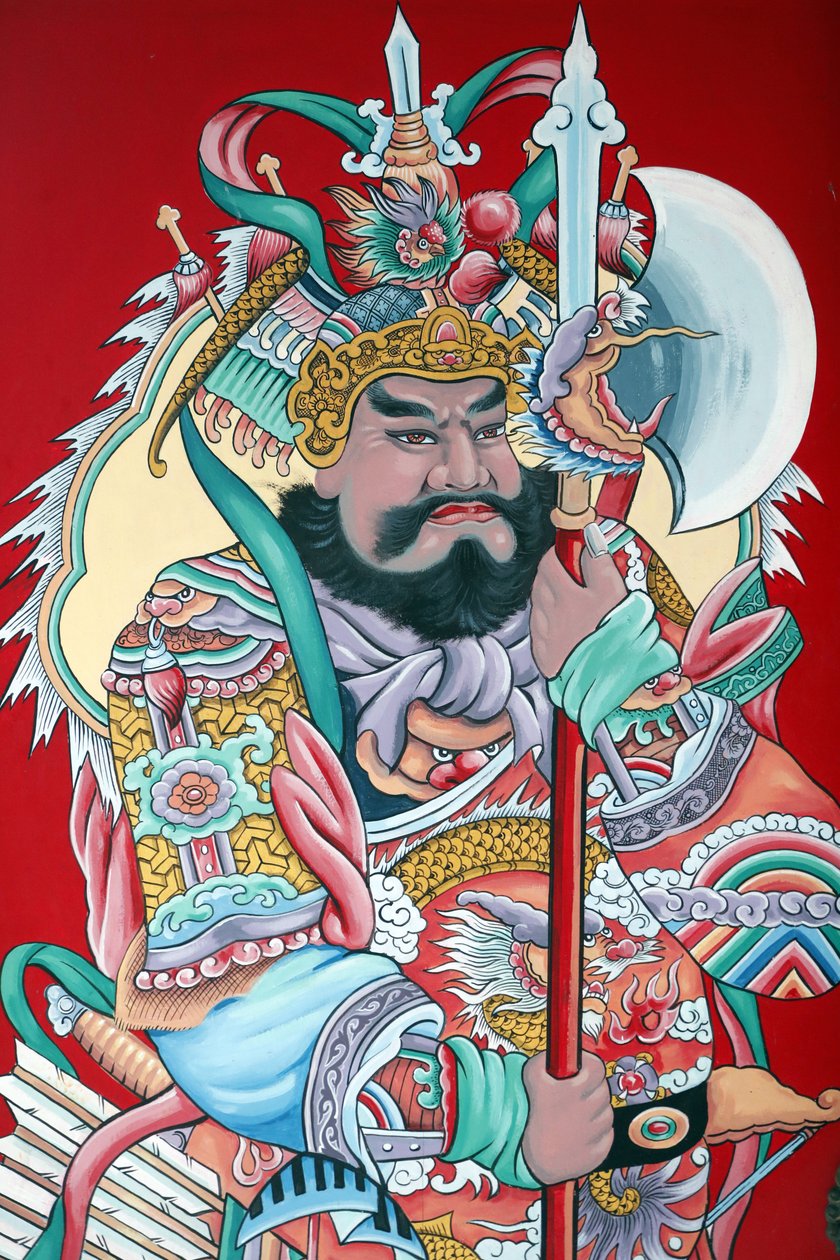 Hoi Tuong Te Nguoi Hoa buddista kínai templom. Őrző figura festmények a kapun. Phu Quoc. Vietnam. alkotó: Unbekannt