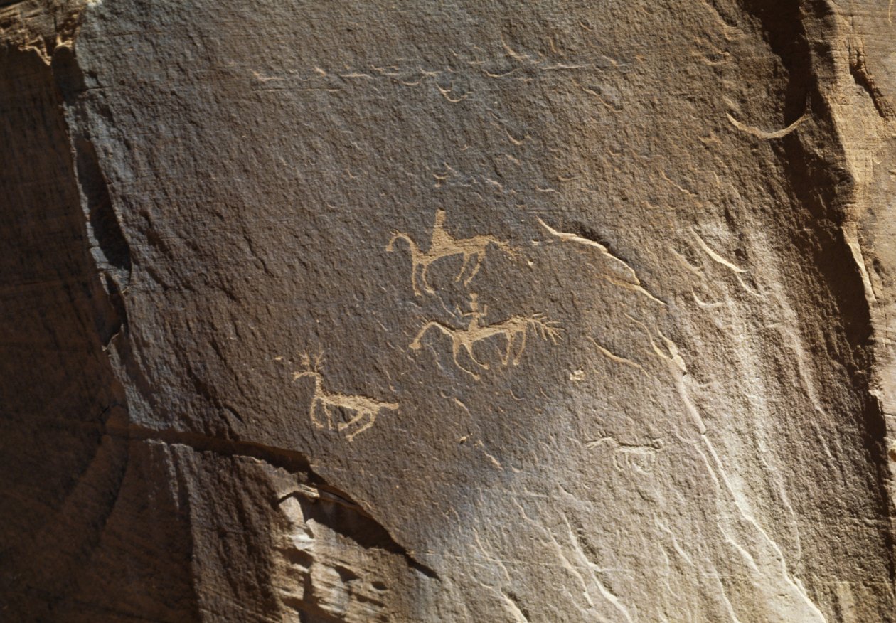 Vadászjelenet, petroglifa, Ledge Ruin, Canyon de Chelly Nemzeti Emlékmű, Navajo Indián Rezervátum, Arizona, USA (fotó) alkotó: Benjamin Baud