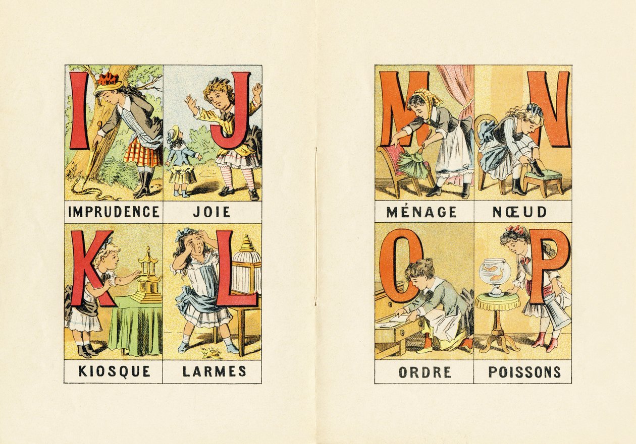 I: vakmerőség; J: öröm; K: kioszk; L: könnyek; M N O P: háztartás, csomó, rend, hal - Kislányok ABCD-jéből vett metszet. Pellerin & Cie, nyomda-kiadó, Epinal, 1890 körül. Serie A. Méretek: 19 x 13,5 cm. alkotó: Unbekannt