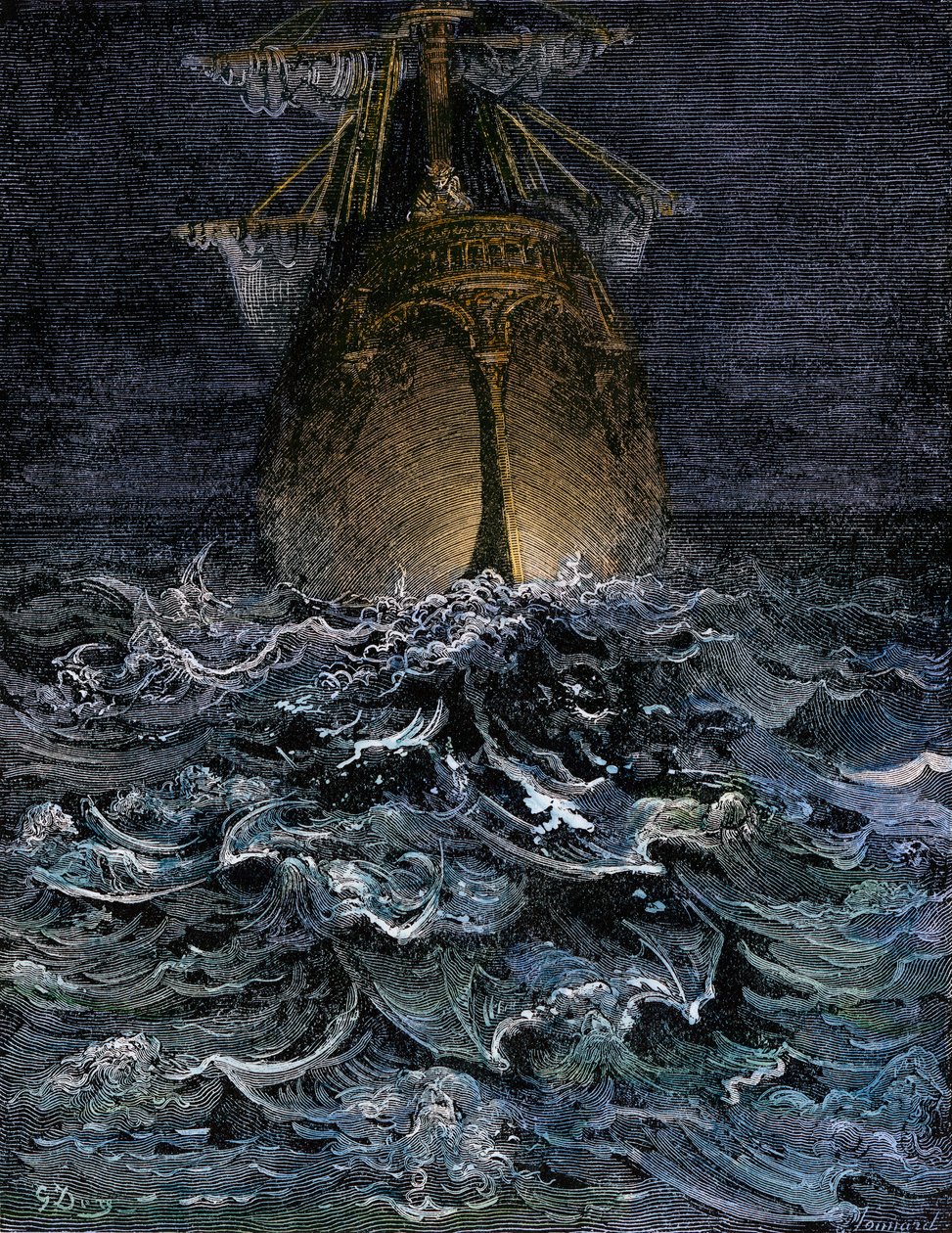 Néztem a tenger bomlását, egy hajótestet az éjszakai tengeren - Gustave Dore (1832-1883) illusztrációja Samuel Taylor Coleridge (1772-1834) "La Lournte du vieux sailor" című művéhez - Színezett metszet. alkotó: Unbekannter Künstler