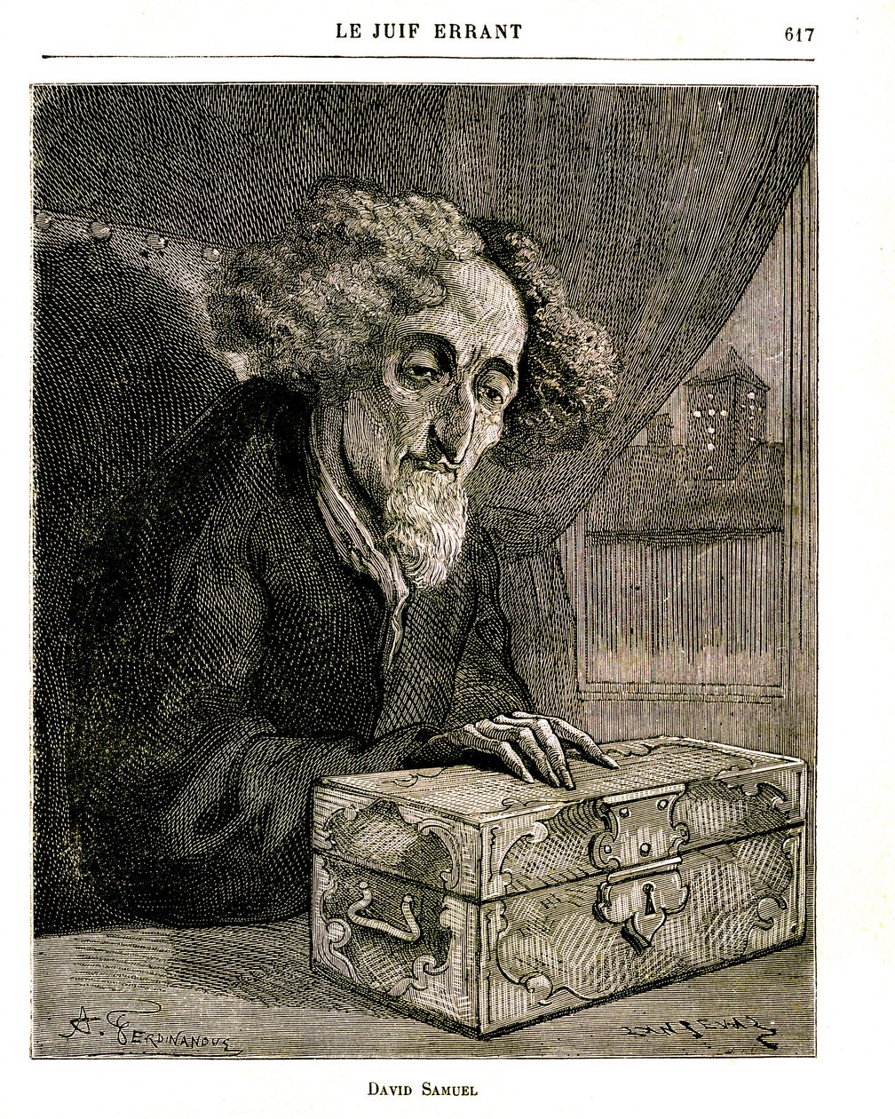 Illusztráció Eugene Sue „A vándorló zsidó” című regényéről – FERDINANDUS metszete a Jules Rouff 1883-as kiadásában. David Samuel, a De Rennepont család vagyonának őre, az értékpapírokat, részvényeket, váltókat tartalmazó kazettával (ládával) alkotó: Unbekannt