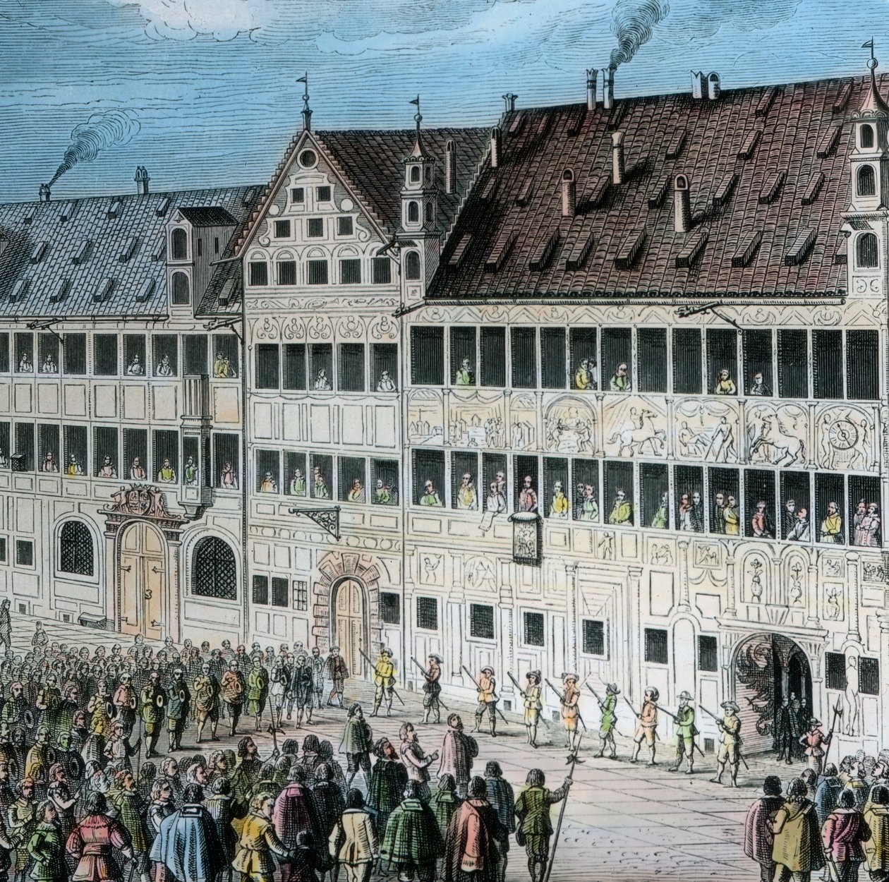 In front of the Fugger house on the Weinmarkt in the city of Augsburg the people render hommage to Swedish king Gustav Adolf alkotó: Unbekannter Künstler