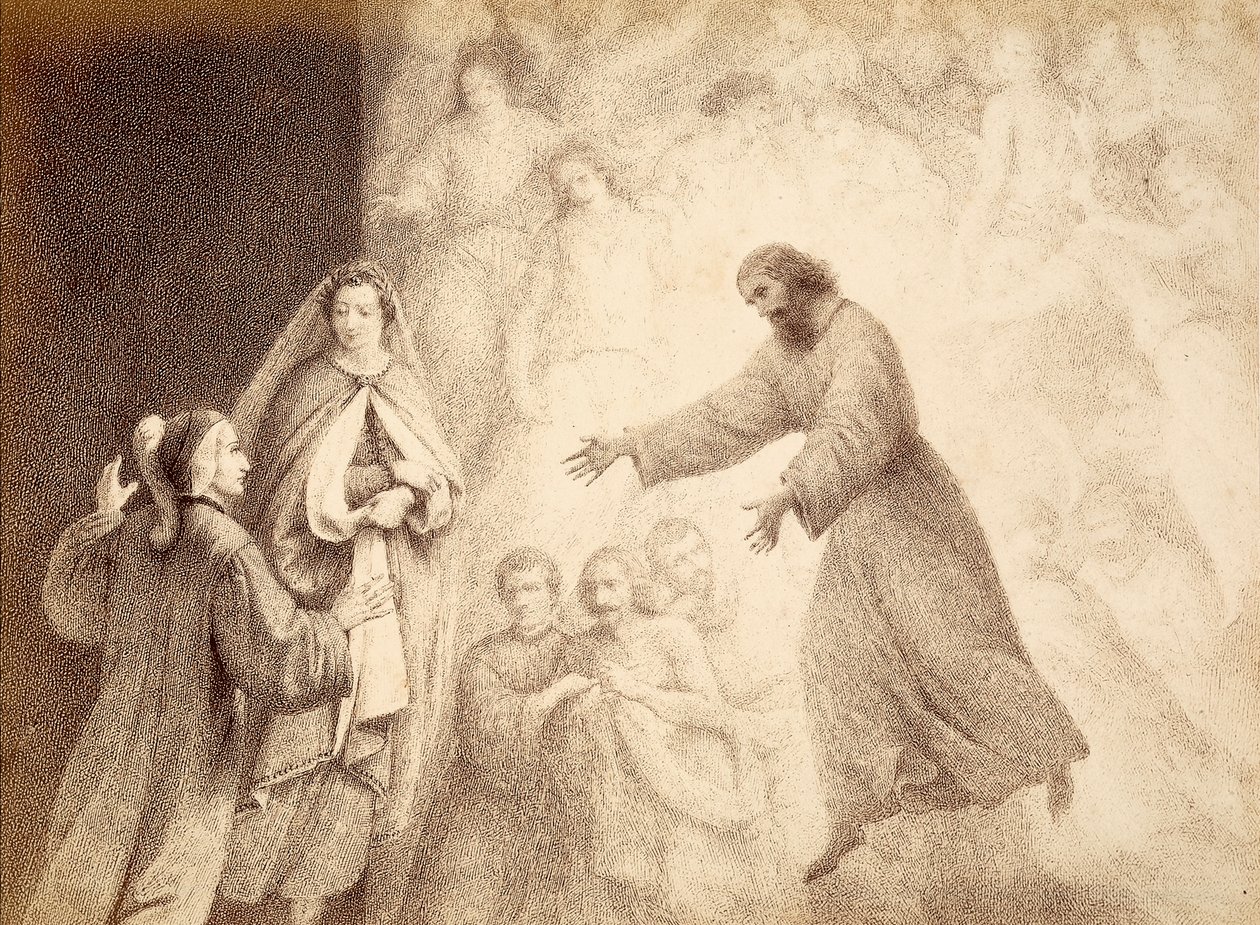 A Mars gömbjében Dante találkozik őse, Cacciaguida szellemével. Illusztráció Dante Alighieri Isteni komédiája Paradiso című művének XV. énekéhez. Franceso Scaramuzza műve, amelyet a firenzei önkormányzatnak szentelt. alkotó: Unbekannter Künstler