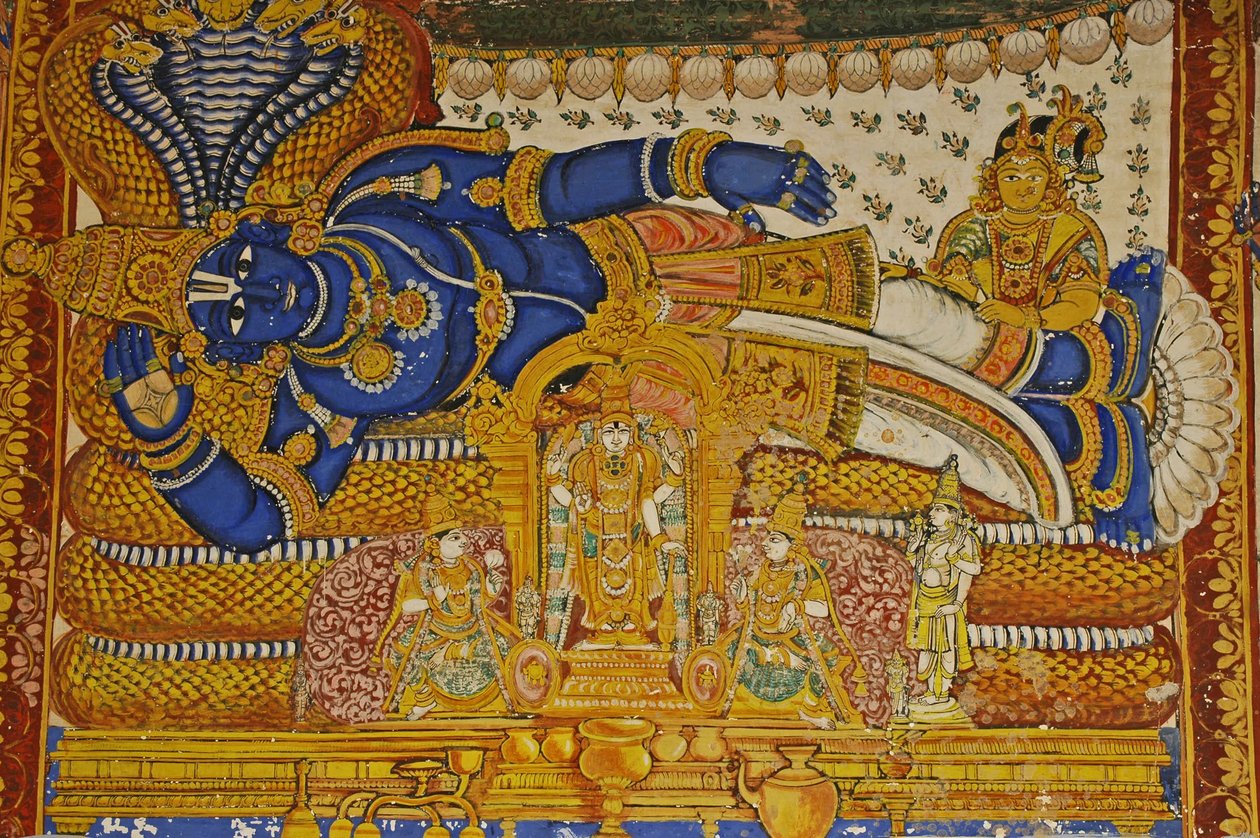 India, Tamil Nadu, Srirangam, Sri Ranganathaswamy hindu templom (eredeti 10. század), Visnu falfestménye. alkotó: Unbekannt