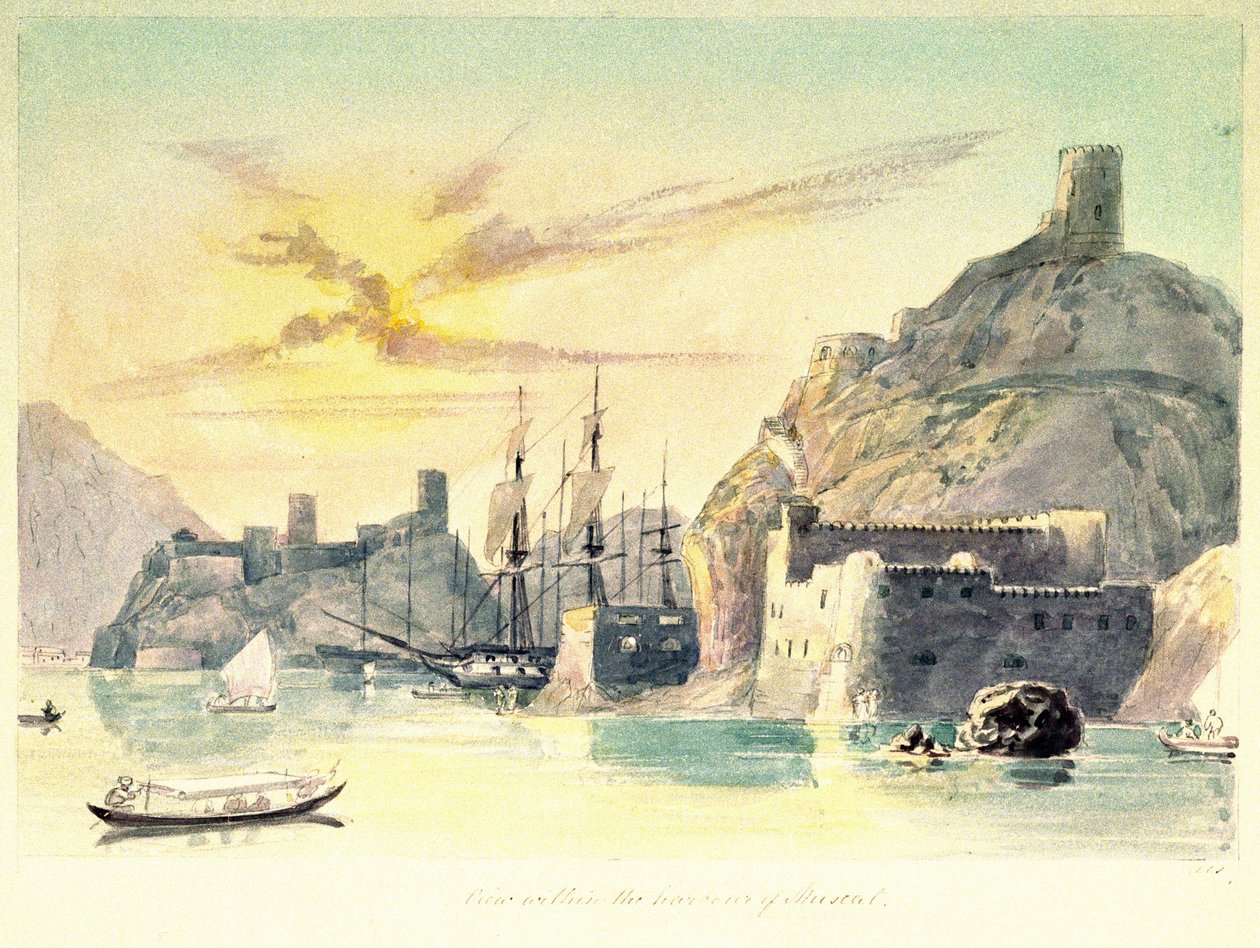 Muscat (Omán) kikötőjének belső nézete, az erődített épületek és a kikötött hajók leírásával. Paint Charles Hamilton Smith alezredes (1776-1859) alkotó: Unbekannter Künstler
