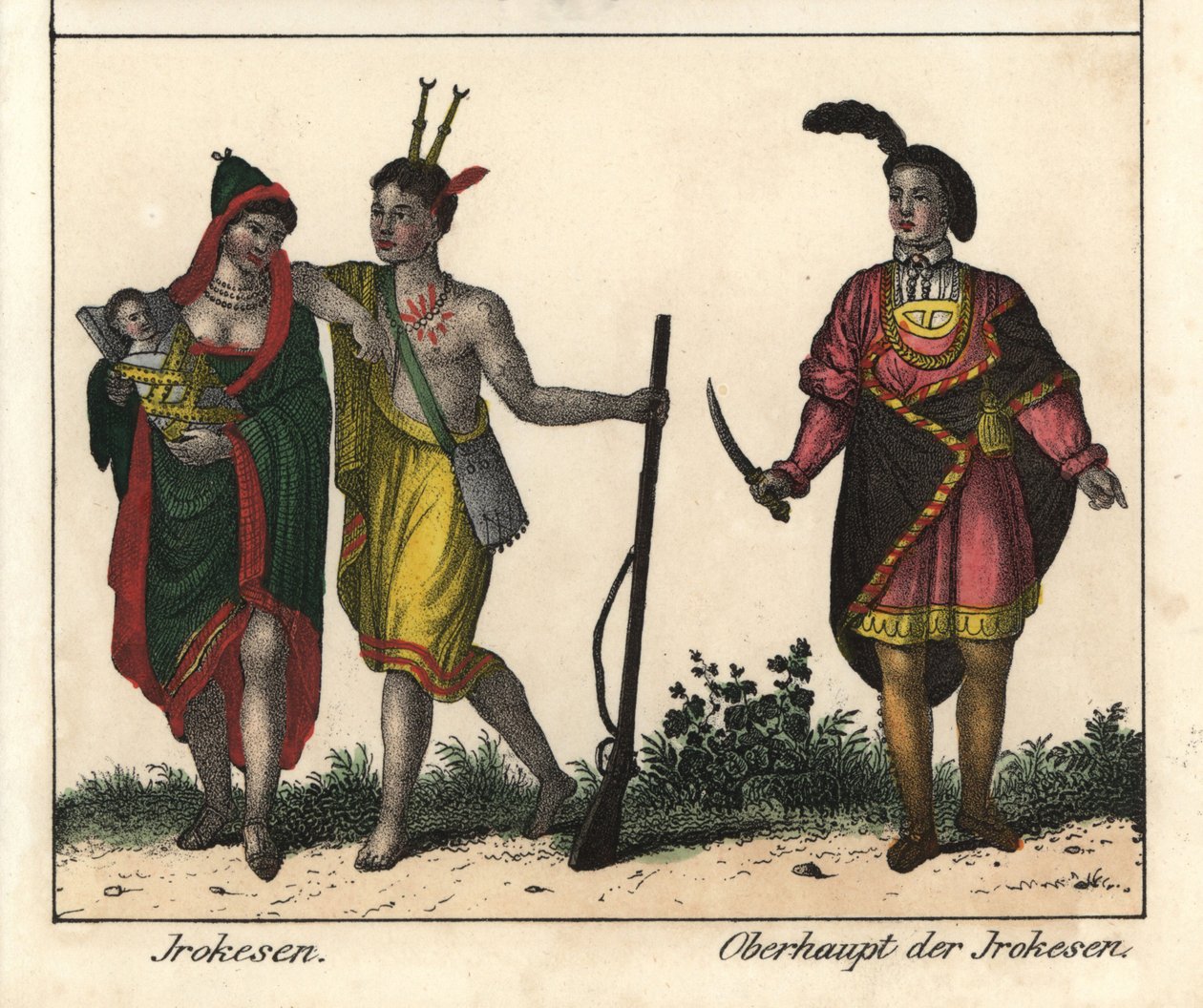 Irokéz indiánok, egy pár egy kisbabával, a fegyveres ember tetovált teste és a törzs vezetője. Litográfia a könyvhöz: Friedrich Wilhelm Goedsche (1785-1863) "Galerie complete en tableaux fideles des peuples d