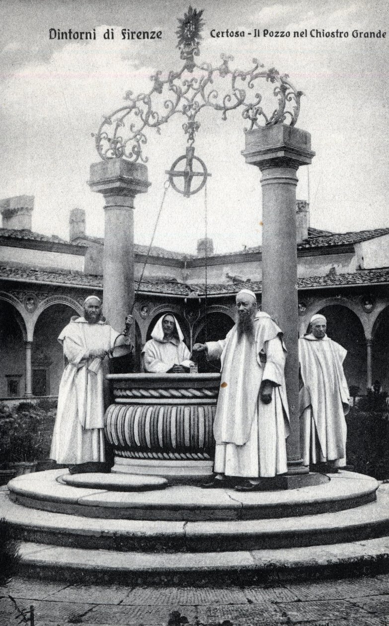 Olaszország, Firenze, Galluzzo Chartreuse (Certosa del Galluzzo): a kút a nagy kolostorban - Képeslap 19. század vége-XX. század alkotó: William M. Timlin