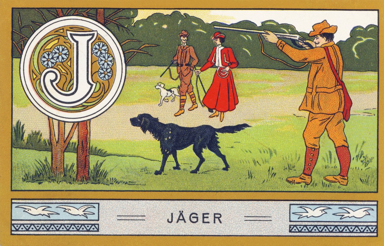 J: Hunter – Alphabet Palmine. Kromolitográfiák sorozata, szerkesztette: H. Schlinck & Cie, Hamburg, p. d. . Palmin legfinomabb kókuszzsírjának reklámja. Méretek: 7 x 11 cm alkotó: Unbekannter Künstler