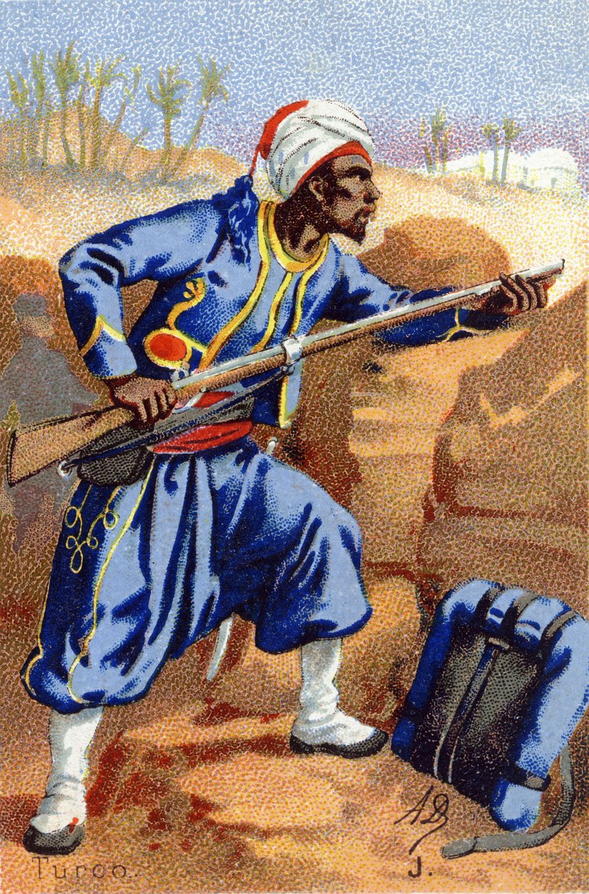 J: Turco. Metszet "Katonai ábécé"-ben. Az illusztrátor kezdőbetűi: A. D. Ismeretlen kiadó. Kromolitográfia a 19. század végén. Mérete: 10,5x7 cm. alkotó: Unbekannt