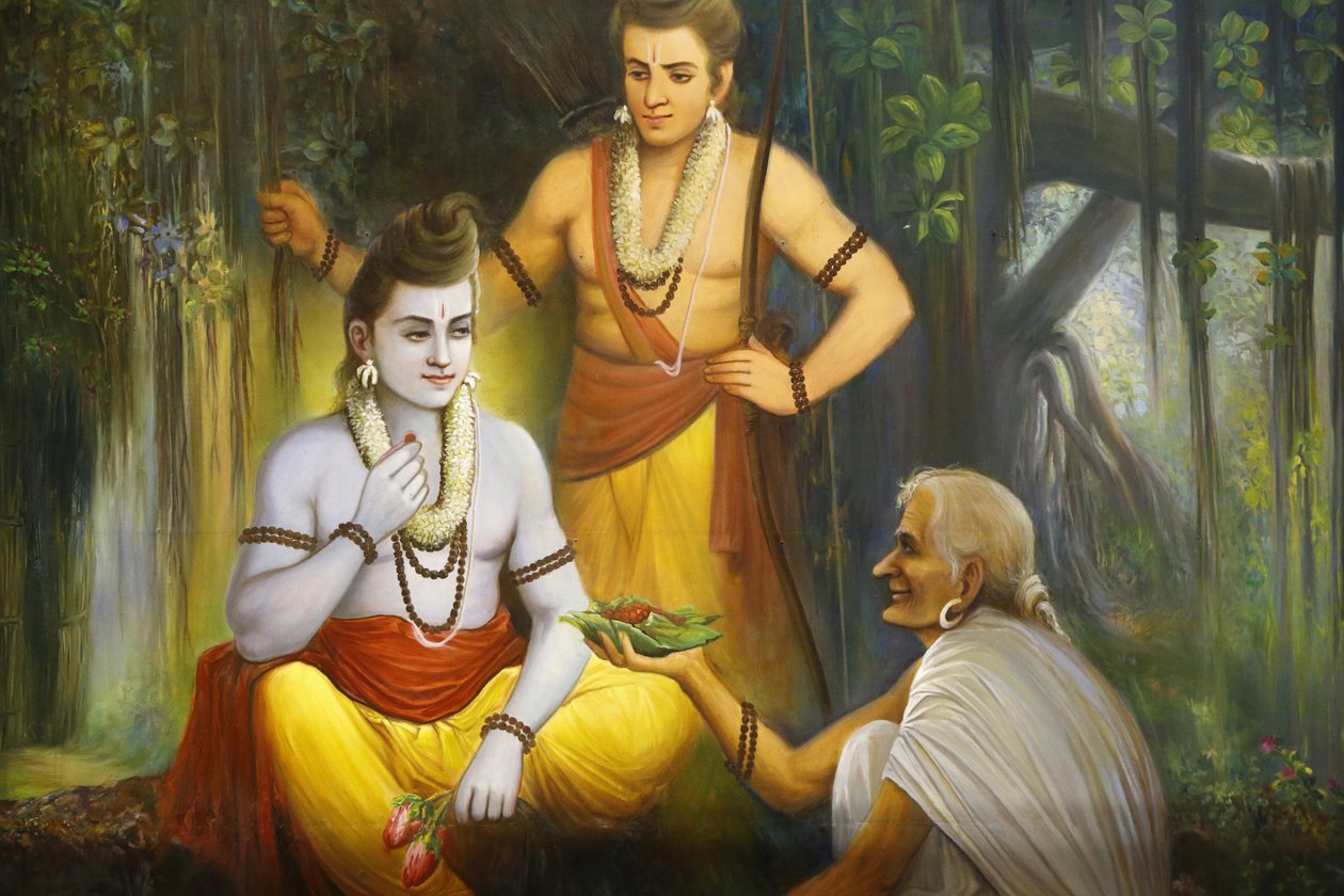 Jalaram Prayer hindu templom, Leicester. Freskó. A Ram Meeting Shabri Ho ételt kínál Ramkendrának. Egyesült Királyság alkotó: Unbekannt