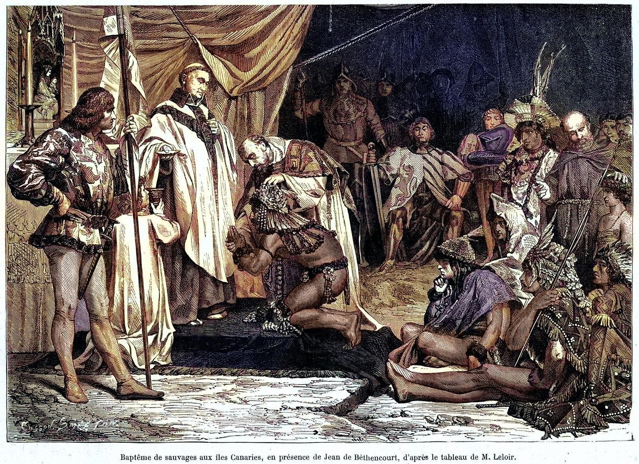 Jean de Bethencourt normann úriember, de Saint Martin le Gaillard báró, 1405 januárjában meghódította és keresztyénné tette a Kanári-szigeteket a „Sur terre et sur mer” folyóirat 28. számától, január 8. alkotó: Unbekannter Künstler