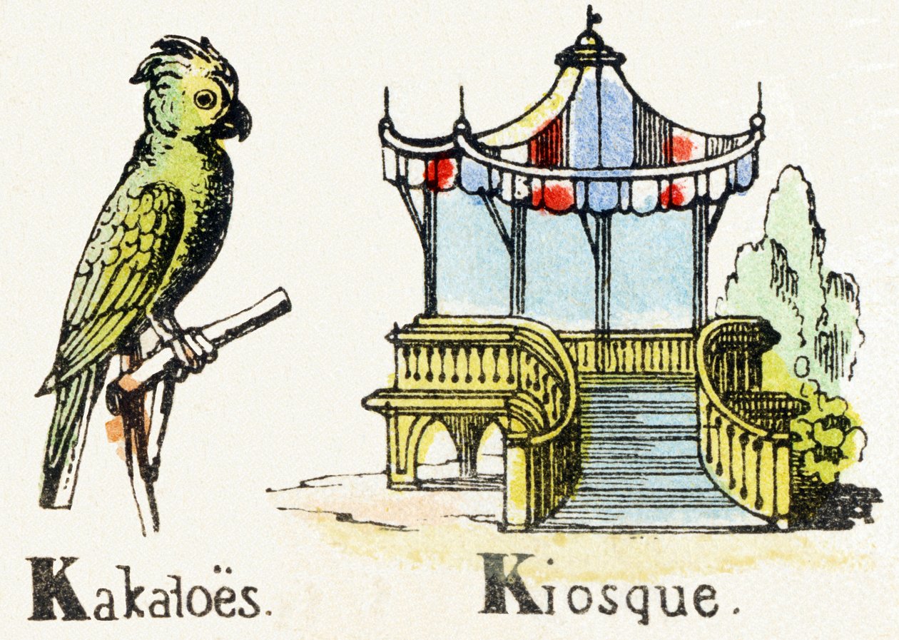 K – Kakatoes kioszk – Gyermekszórakoztató ábécé 1890 körül (litográfia) alkotó: Unbekannt