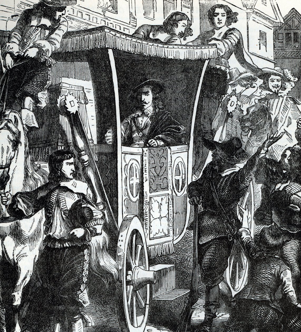 I. Károly király a tömegben, miután az öt parlamenti képviselő, John Pym, John Hampden, Denzil Holles, William Strode és Arthur Haselrig letartóztatására tett sikertelen kísérlet 1642. január 4-én meghiúsult. 19. század (metszet a "History of the world"-bő alkotó: Unbekannter Künstler