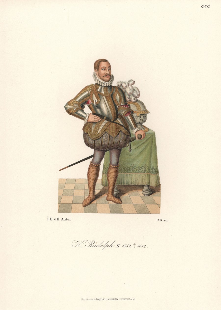 II. Rudolf király, szent római császár, cseh király, osztrák főherceg (1552-1612). Csipketerítőben, arannyal díszített lemezpáncélban, felszabdalt párnázott harisnyában és láncpáncél zokniban. Kromolitográfia a Hefner-Alteneck