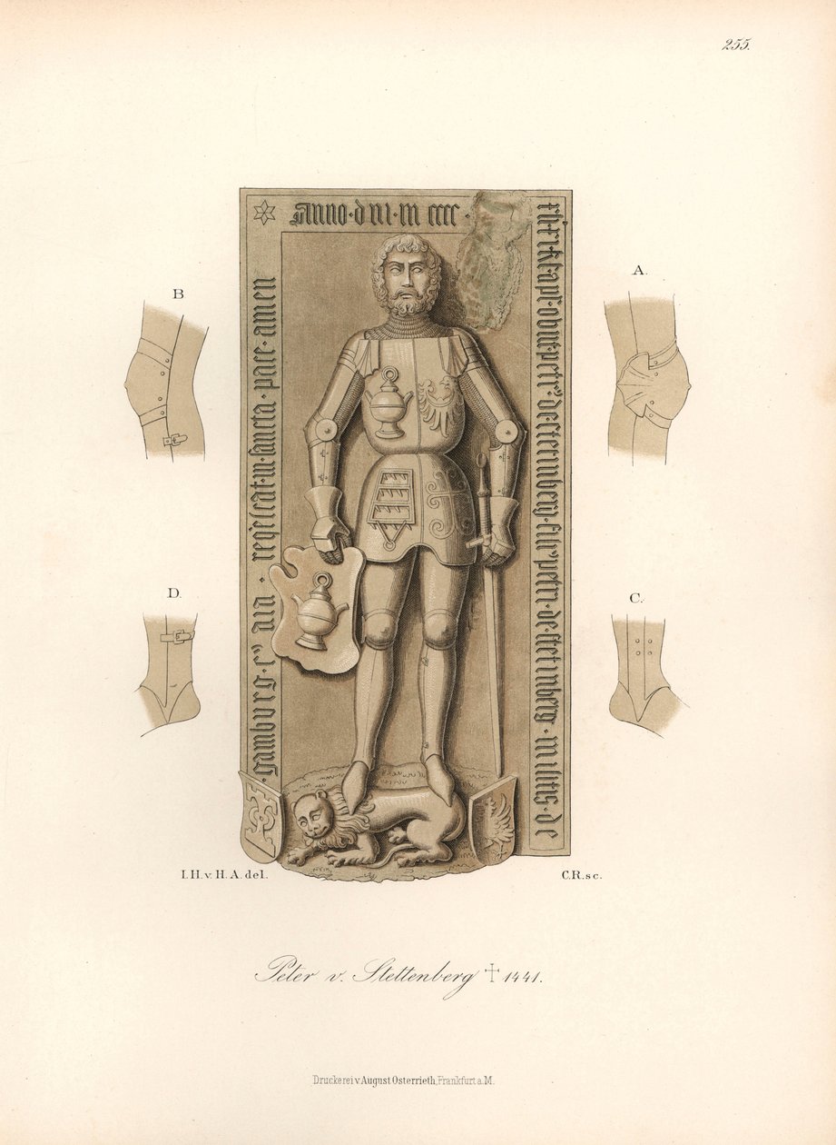 Lovag páncélban 15. század, a térd- és könyökkötések részleteivel - Peter von Stettenberg sírköve, meghalt 1441-ben - Jakob Heinrich von Hefner-Alteneck (1811-1903) kromolitográfia, rajz a "Costumes, crafts and instrument" című könyvéhez. alkotó: Unbekannter Künstler