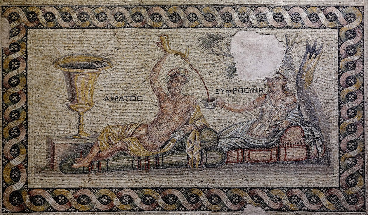 Kratos (Cratos) és Euphrosyne (Euthymia) - Mozaik, Akratos és Euphrosyne, Zeugma Mosaic Museum, Gaziantep, Délkelet-Anatólia régió, Anatólia, Törökország, Ázsia alkotó: Unbekannter Künstler