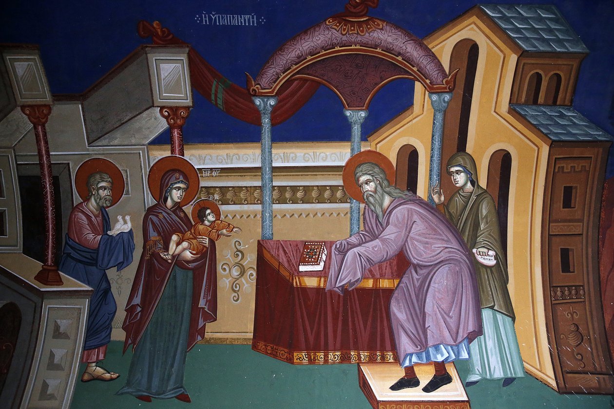 Kykkos kolostor, Ciprus. Freskó Jézus bemutatását a templomban, 20150510, Pedoulas, Ciprus alkotó: Unbekannt