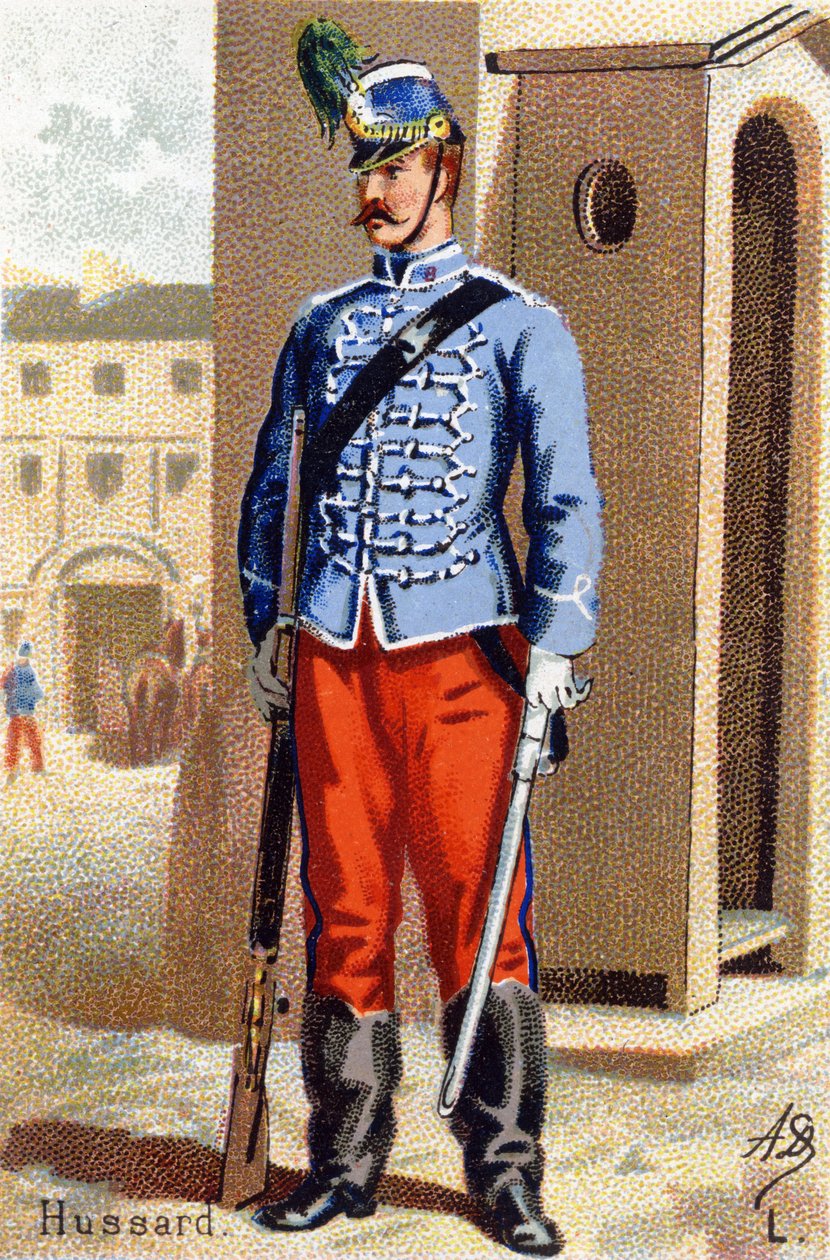 L: Hussard. Metszet "Katonai ábécé"-ben. Az illusztrátor kezdőbetűi: A. D. Ismeretlen kiadó. Kromolitográfia a 19. század végén. Mérete: 10,5x7 cm. alkotó: Unbekannt