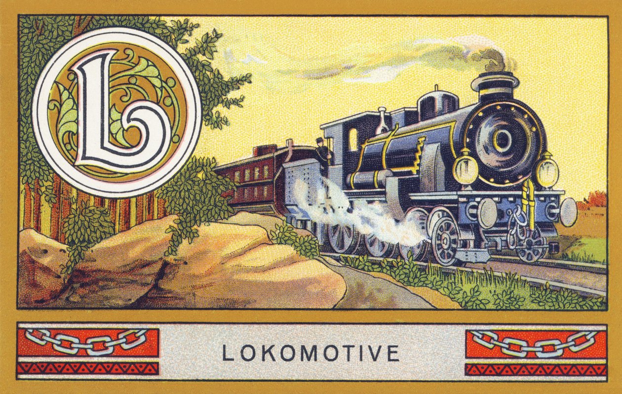 L: Mozdony – Palmin ábécé. Kromolitográfiák sorozata, szerkesztette: H. Schlinck & Cie, Hamburg, p. d. . Palmin feinstes Cocosfett reklámja. Méretek: 7 x 11 cm alkotó: Unbekannt