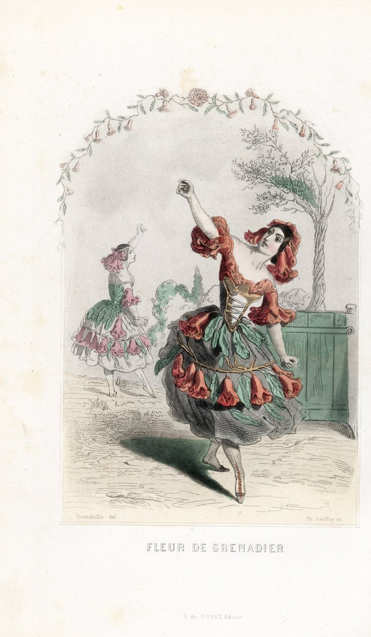 La fee de la fleur de grenade danse - Charles Geoffroy (1819-1882) metszete, Jean Ignace Isidore Gerard dit J.J.J.J.Granville (1803-1847) illusztrációja alapján, Les fleurs animees című kötetéhez. alkotó: Unbekannter Künstler