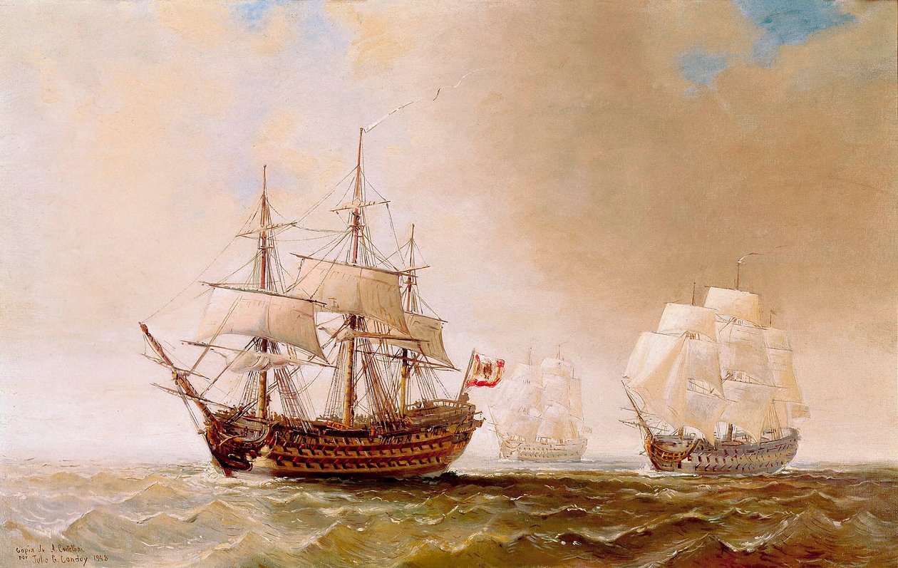 A San Hermenegildo spanyol hajó a trafalgari csatában 1805. október 21-én: a Villeneuve admirális vezette francia-spanyol flotta állt szemben a Nelson ellentengernagy által irányított brit flottával. Névtelen festmény a 19. századból alkotó: Unbekannter Künstler