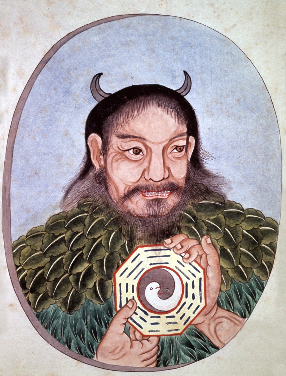 A legendás kínai császár, Fu Hi, a taoizmus egyik alapítója (Kr. e. 2582), a Yin és Yang medált viseli, kínai metszet, 18. század vége. alkotó: Unbekannter Künstler