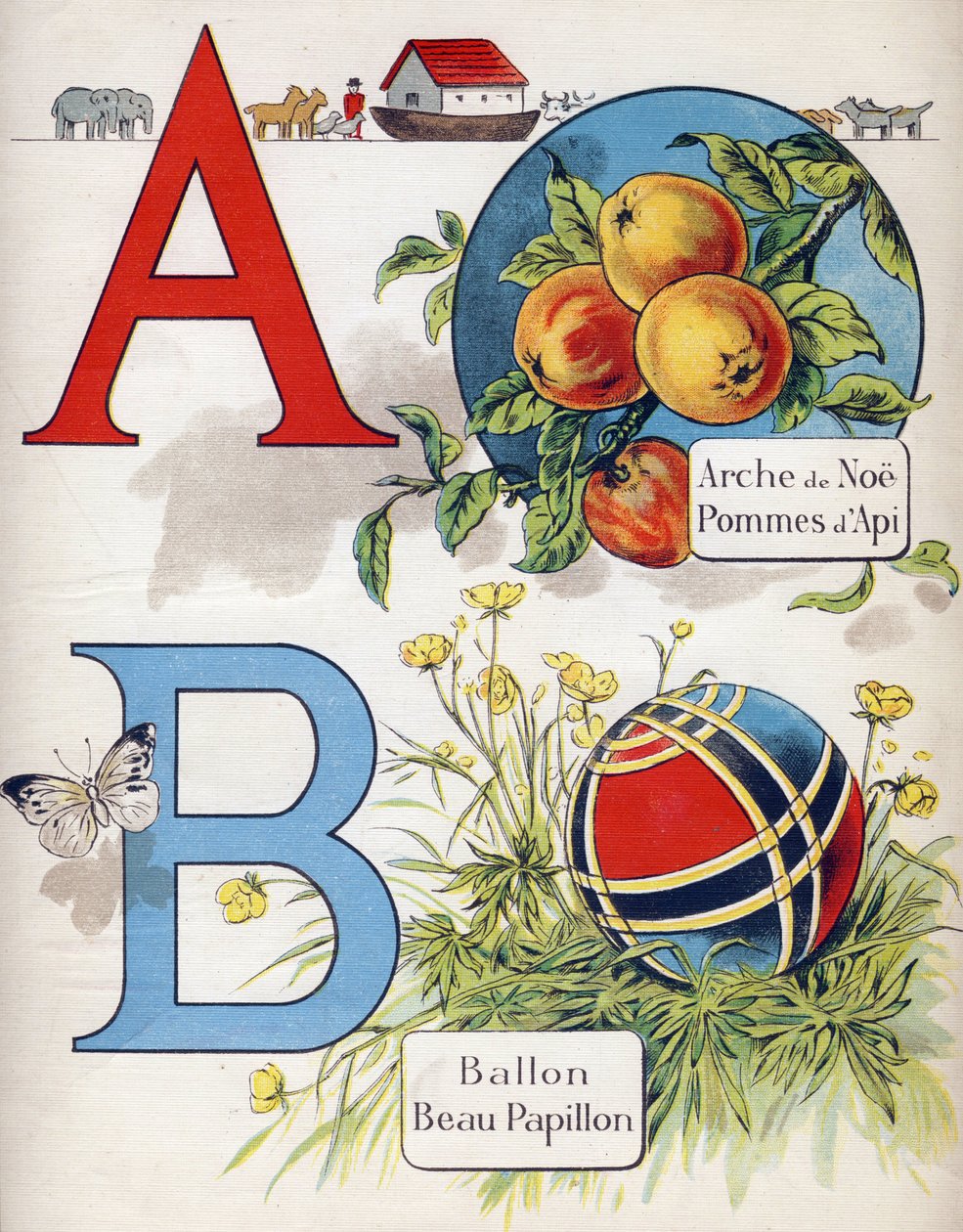 A és B betű: Noe bárkája, Apy Apple, léggömb és gyönyörű pillangó. Metszet "ABC L