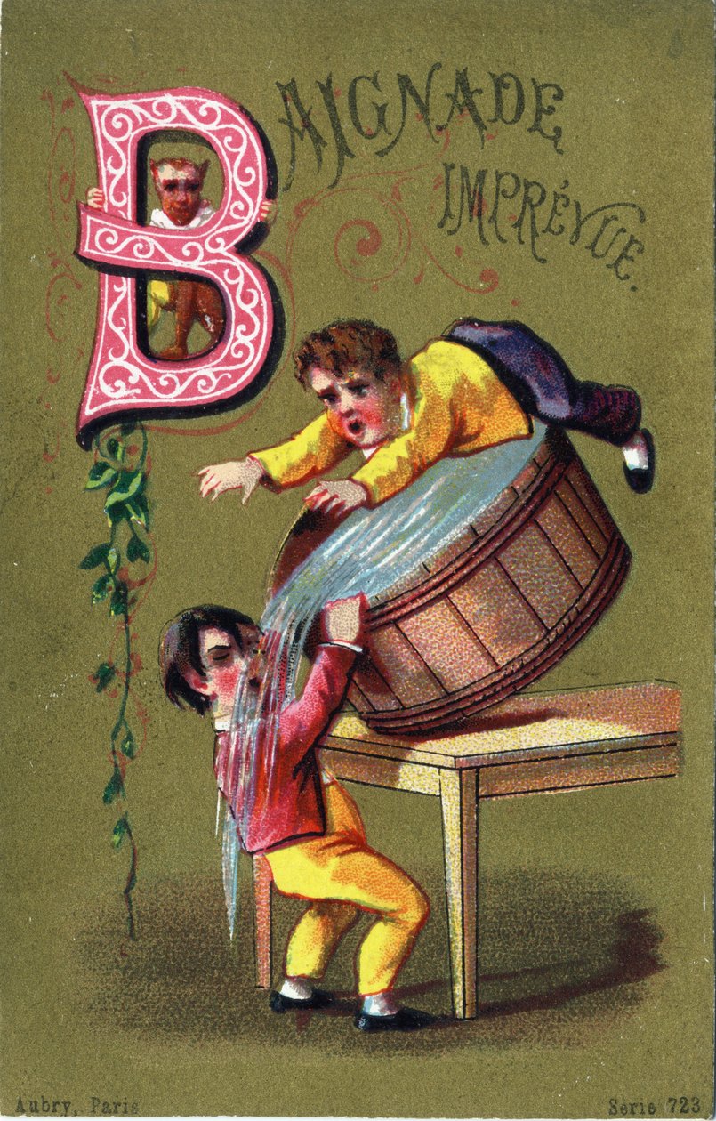 B betű: Impreview fürdés. "Alphabet des grotesques" metszet. 25 reklámkromolitográfiát tartalmazó sorozat dore alapon, 19. század vége. Mérete: 11x7 cm alkotó: Unbekannt
