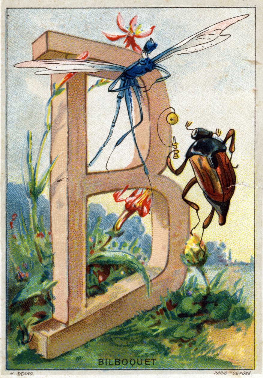 B betű, mint Bilboquet. Mr. Marinier művészi ábécéje. Szerkesztette Henry Sicard, 19. század vége. Kromolitográfok reklámozása a gyógyszertárakban forgalmazott termékekhez. Mérete: 12,5 x 9 cm alkotó: Unbekannt